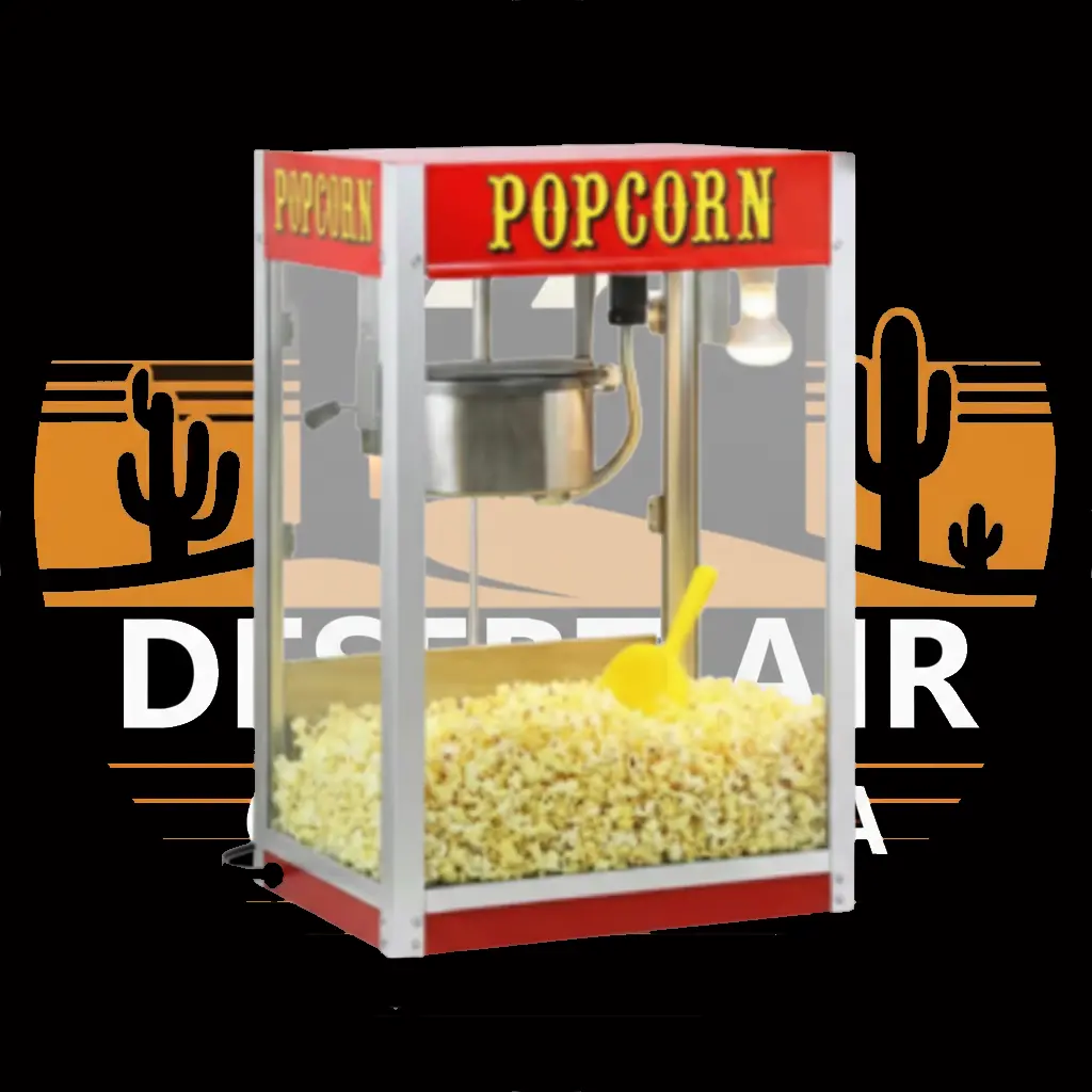 A theater-style popcorn machine available for rent, with a kettle full of fresh popcorn.